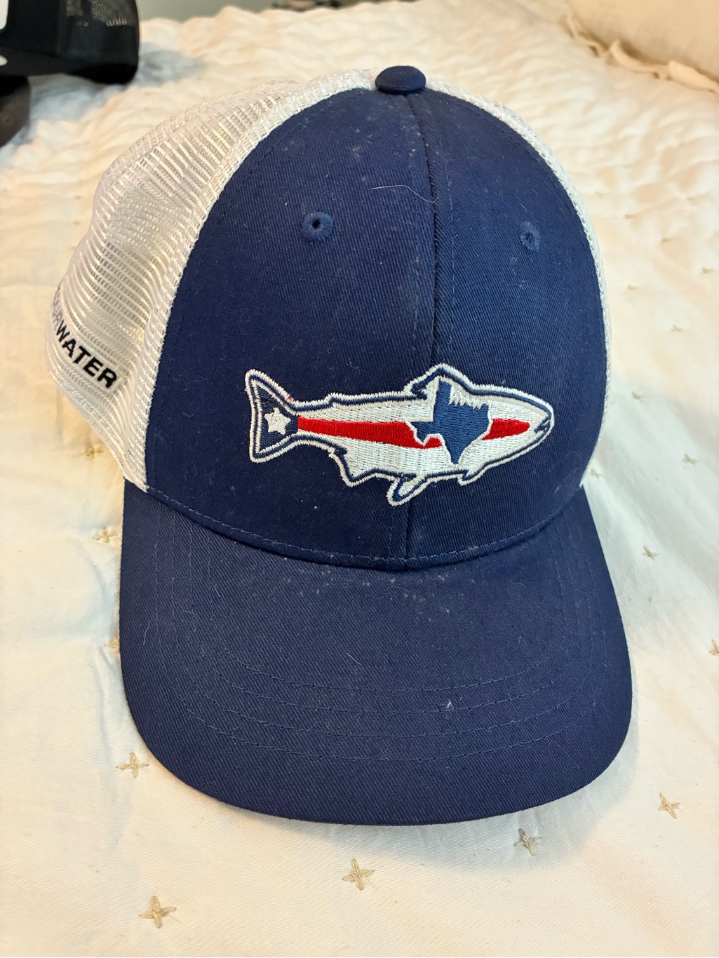 Men's Navy Trucker Hat With Red & White Fish Texas Patch